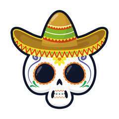traditional mexican skull head with maricahi hat flat style icon