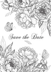Wedding Card Template with Peony Flowers  and Butterflies