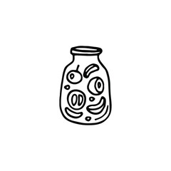 Jar with compote or juice. Single doodle vector illustration.hand drawn homemade compote in jar logo.Home made preserves.For prints, labels, kitchen design, packaging. Autumn preparations, storage.