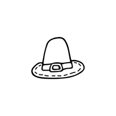 hand drawn Pilgrim hat in doodle style. Pilgrim hat icon, Party wear for Thanksgiving. History of development of America. Vector in minimalistic linear style.Thanksgiving autumn festival hat.