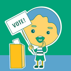 boy stump orator with a vote banner that votes using a ballot box, simple colored emoticon, vector emoji