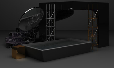 Black podium 3d rendering used for additional product, Minimal style with geometric shape in black colour tone