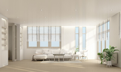 Stylish living room interior with comfortable sofa wooden floor and curtain 3d rendering