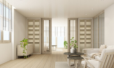 Stylish living room interior with comfortable sofa wooden floor and showcase cabinet built-in 3d rendering