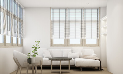 Stylish living room interior with comfortable sofa wooden floor and curtain 3d rendering