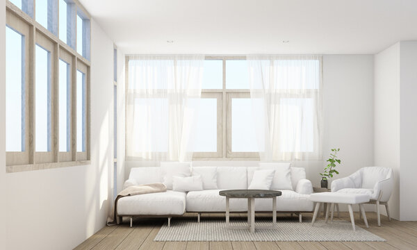Stylish living room interior with comfortable sofa wooden floor and sheer curtain 3d rendering