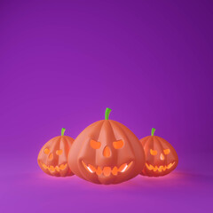 3d render jack o lantern
 on purple background space. Minimal concept. Holiday decoration pumpkin for celebration halloween event template
