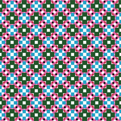 Vector seamless pattern texture background with geometric shapes, colored in pink, green, red, blue, black, white colors.