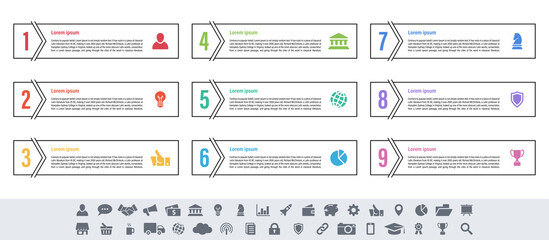 Infographic design business concept vector illustration with 9 steps or options or processes represent work flow or diagram or web button banner