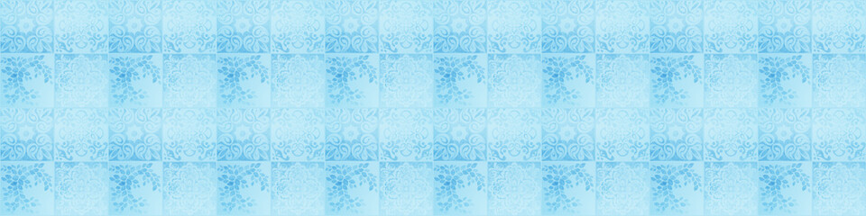 Blue white bright vintage retro geometric square mosaic motif cement tiles texture background...
