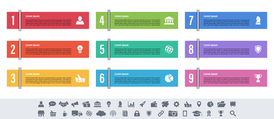 Infographic design business concept vector illustration with 9 steps or options or processes represent work flow or diagram or web button banner