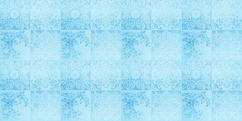 Blue white bright vintage retro geometric square mosaic motif cement tiles texture background