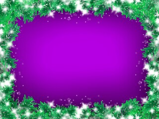 Christmas background. Spruce branches with snow and stars. Empty festive background.