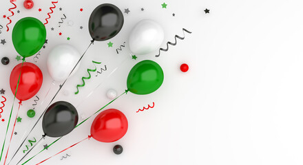 Happy Independence Day of United Arab Emirates UAE, Kuwait, Palestine, Jordan, Sudan.decoration background, banner, template, flyer, balloon, ribbon, confetti on white, copy space, 3D rendering.