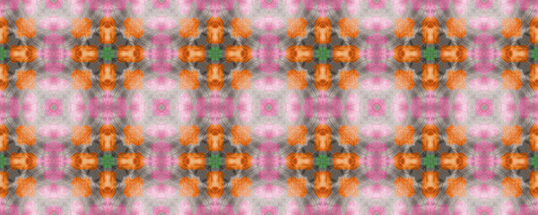 Batik Brush. Orange, Green and Pink Textile Print. Rainbow Natural Ethnic Illustration. Traditional Backdrop.  Shibori or Batik Brush Style.