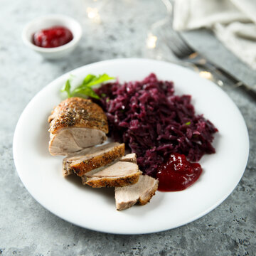 Roasted duck breast with red cabbage