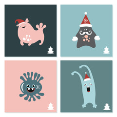 Cute winter holidays monsters set. Funny fantasy creatures