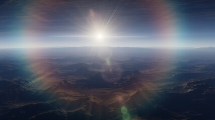 Beautiful alien landscape, panorama of the surface of a fantasy planet, unknown world in space. 3D Render