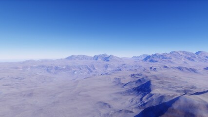 Beautiful alien landscape, panorama of the surface of a fantasy planet, unknown world in space. 3D Render