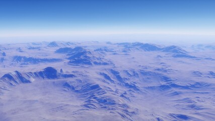 Beautiful alien landscape, panorama of the surface of a fantasy planet, unknown world in space. 3D Render