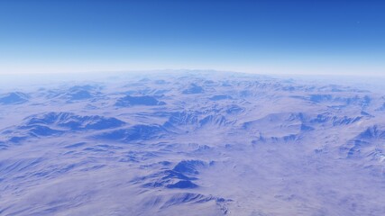 Beautiful alien landscape, panorama of the surface of a fantasy planet, unknown world in space. 3D Render