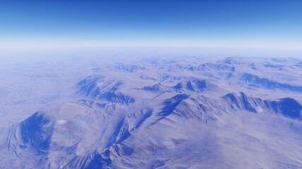 Beautiful alien landscape, panorama of the surface of a fantasy planet, unknown world in space. 3D Render