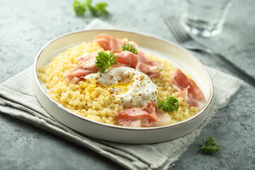Homemade Carbonara pasta with poached egg
