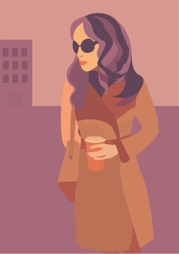 Female in coat drinking morning coffee flat simplicity illustration