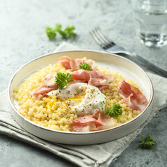 Homemade Carbonara pasta with poached egg
