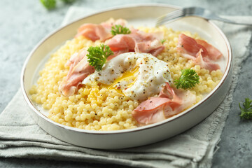 Homemade Carbonara pasta with poached egg