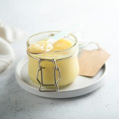 Traditional homemade lemon curd in a jar