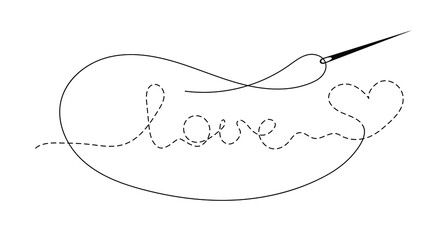Silhouette of word "love" and heart with interrupted contour. Vector illustration of handmade work with embroidery thread and needle on white background.