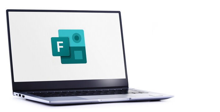Laptop computer displaying logo of Microsoft Forms