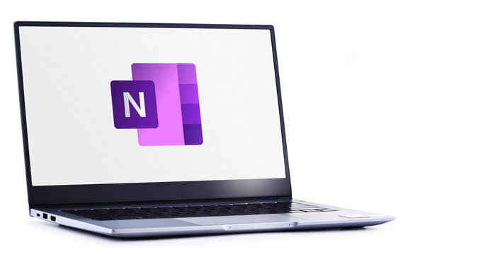 Laptop computer displaying logo of Microsoft OneNote