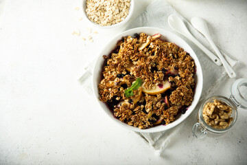 Homemade apple crumble with blueberry
