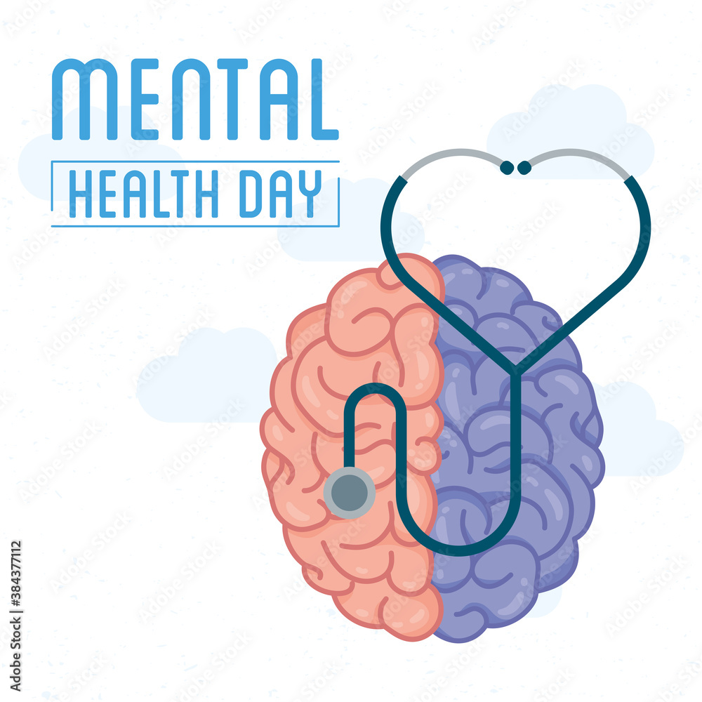 Wall mural Mental Health Day lettering with brain and stethoscope