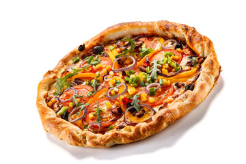Pizza with ham, mozzarella, champignon and corn on white background
