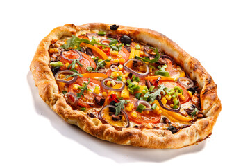 Pizza with ham, mozzarella, champignon and corn on white background
