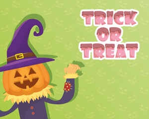 trick of treat lettering with little scarecrow pumpkin