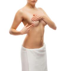 Naklejka premium Woman examining breast isolated on white background 