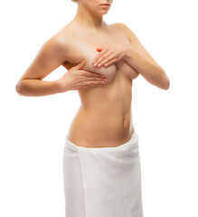 Woman examining breast isolated on white background	