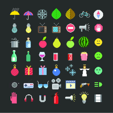 Vector different color pixel art style icons big set, isolated vector illustration. Design for web, stickers, logo and mobile app.