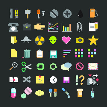 Vector different color pixel art style icons big set, isolated vector illustration. Design for web, stickers, logo and mobile app.