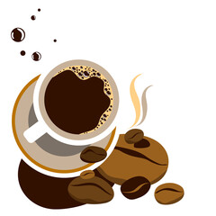 Abstract cup of black coffee and grains. Top view.