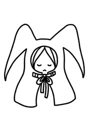 小悪魔のケープをかぶった女の子の手描きイラスト(線画のみ)