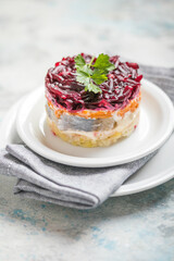 Shuba salad. Russian layered salad with beet, potato, carrot,  pickled herring and mayonnaise for Christmas dinner