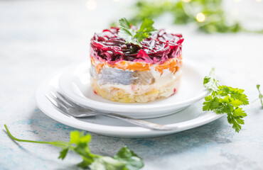 Shuba salad. Russian layered salad with beet, potato, carrot,  pickled herring and mayonnaise for Christmas dinner