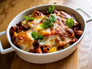 Pasta casserole with minced meat, mozzarella cheese and vegetables on wooden table