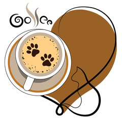 Cup of coffee latte, drawing of cat paws on the foam. Abstract heart and silhouette of a cat. Top view.