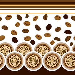 Background of a coffee latte, drawing on the foam ( latte art) and beans. Seamless pattern.